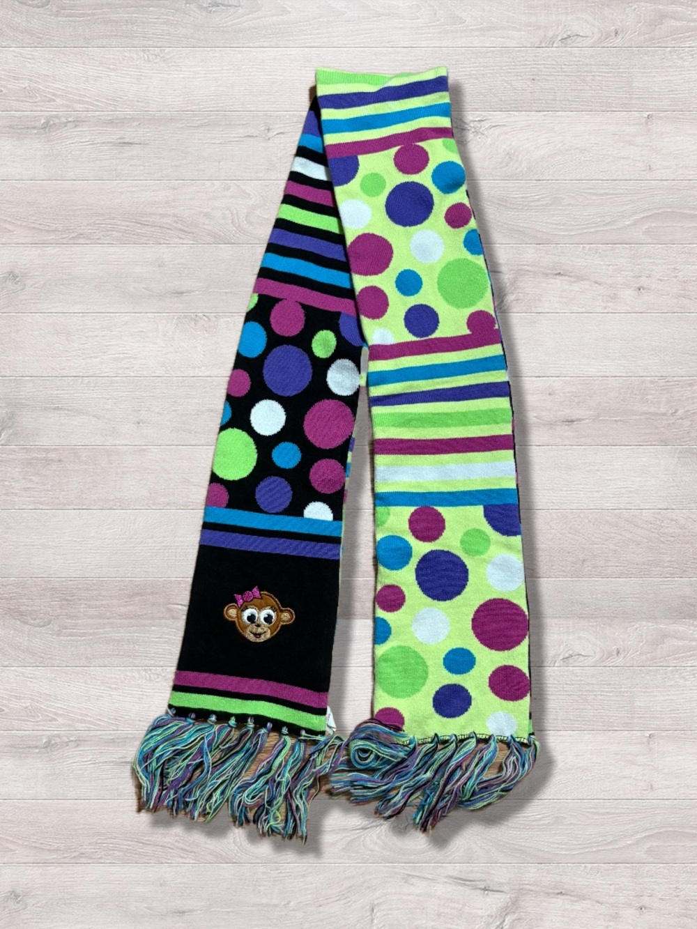Justice Colorful Reversible Knit Fringe Trim Monkey Embroidered Scarf Dots Y2K